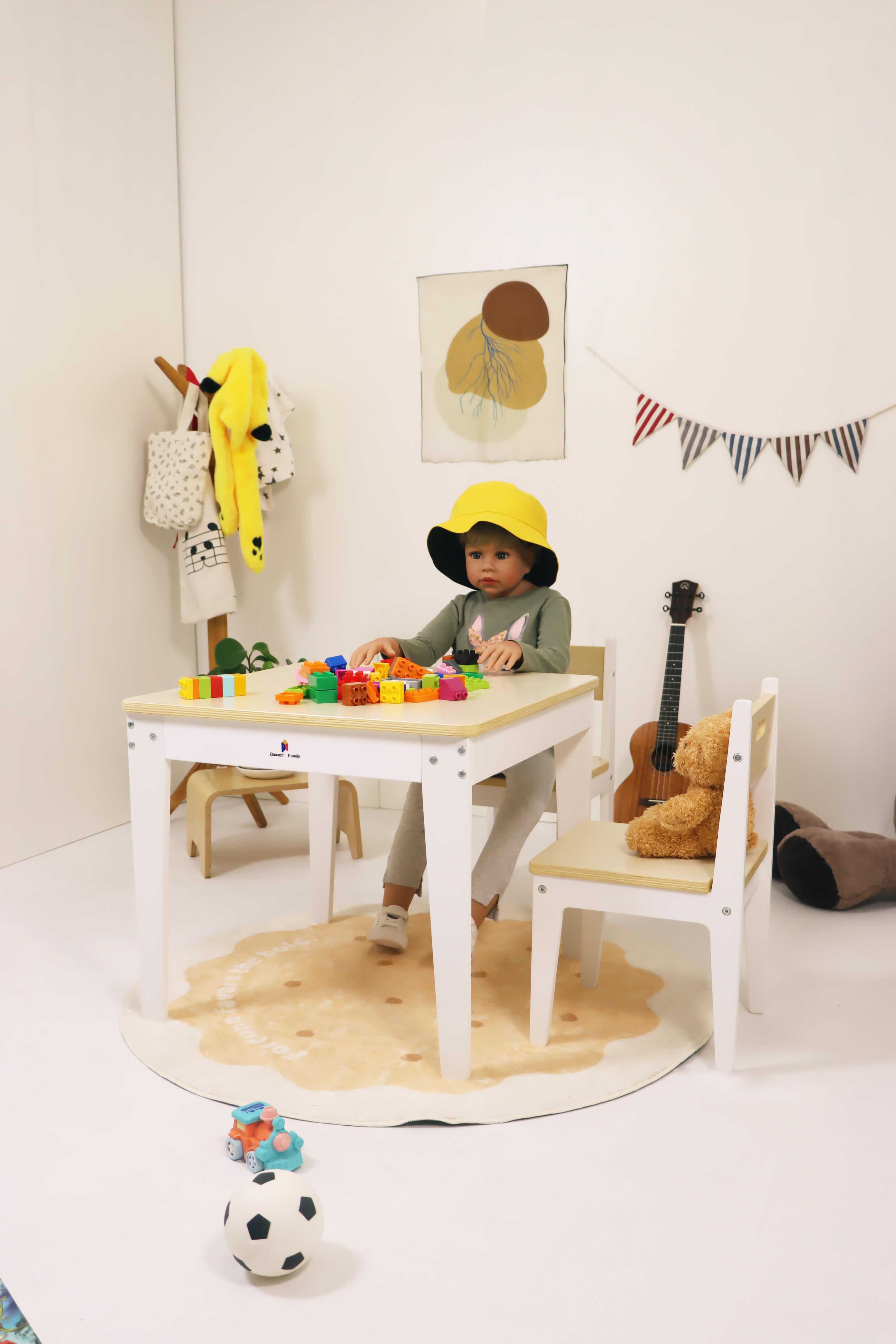 Kindergarten Grade Wooden Kids Table and Chairs Set - Montessori Learning Table with 2 Chairs for Toddlers, Child-Size Activity Play Table for Home and Preschool