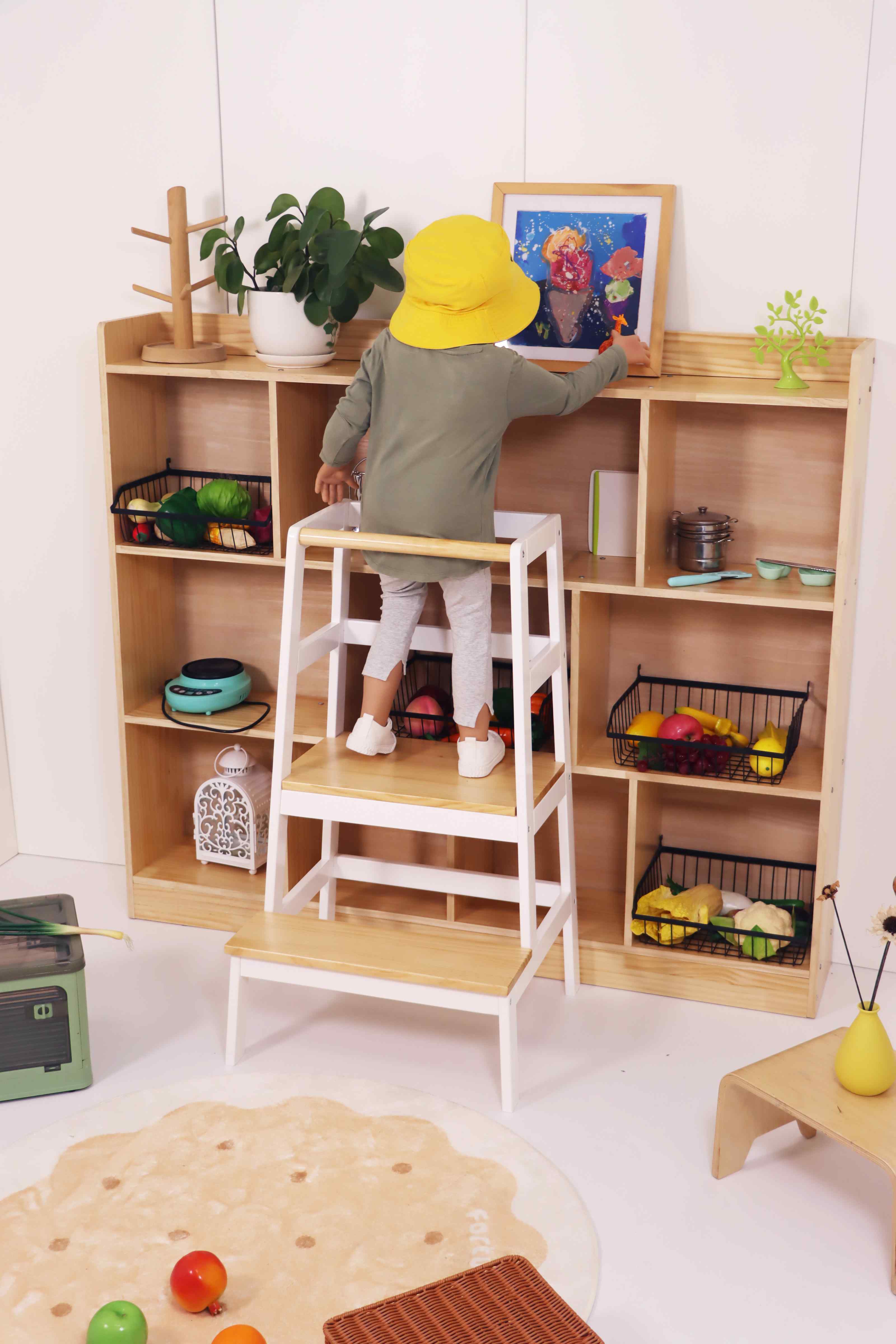 REACH Grade Kitchen Standing Tower with Safety Rail - TRAPEZOID Steady Counter Platform and Learning Helper Step Stool for Toddlers to Cook, Wash, and Explore at Home