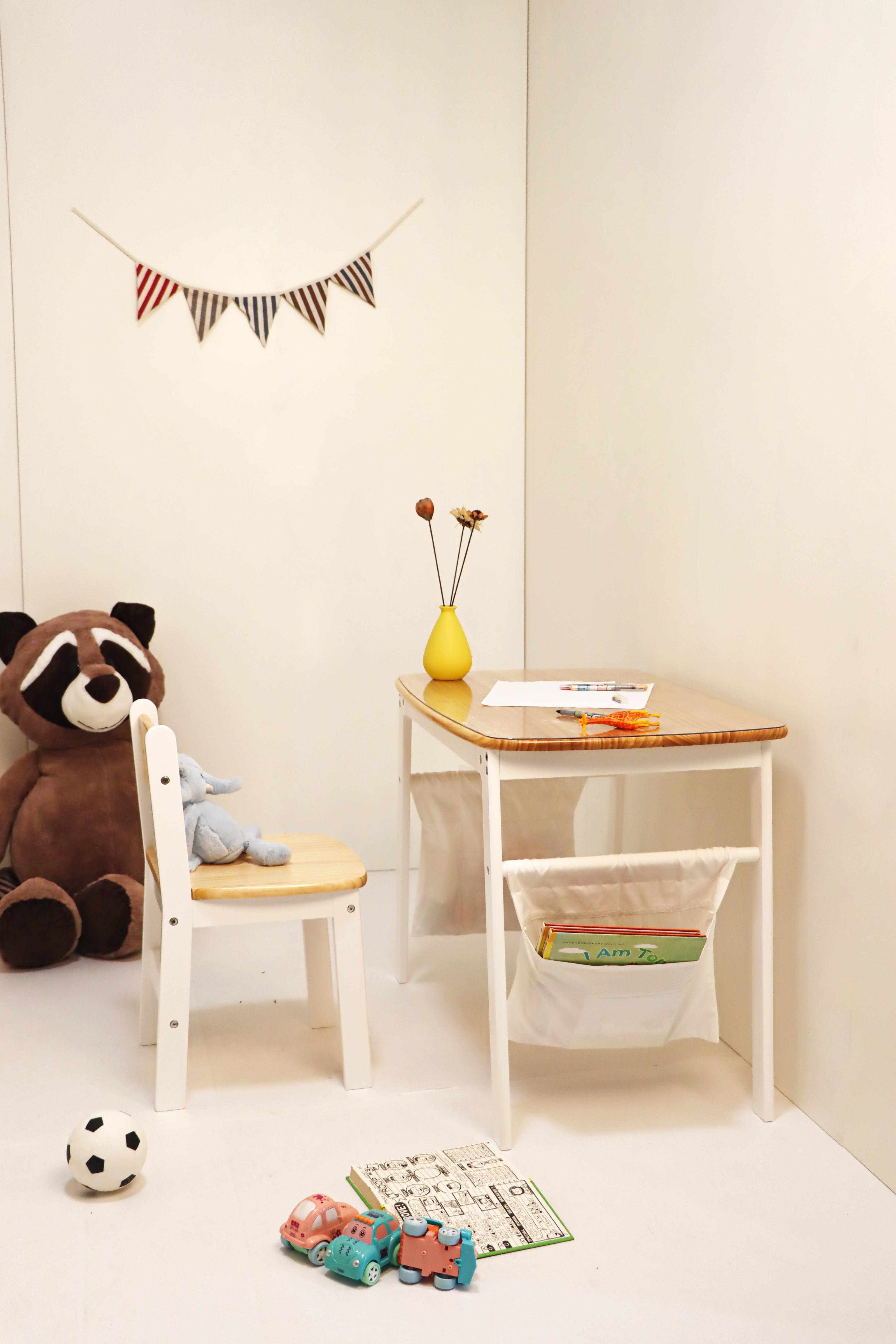 My First Desk - Montessori Kids Desk & Chair Set (Ages 3-8) - Natural Wood Study Table with Ergonomic Chair, PVC Protector & Storage Bags - Learning Station for Homework, Crafts, Art